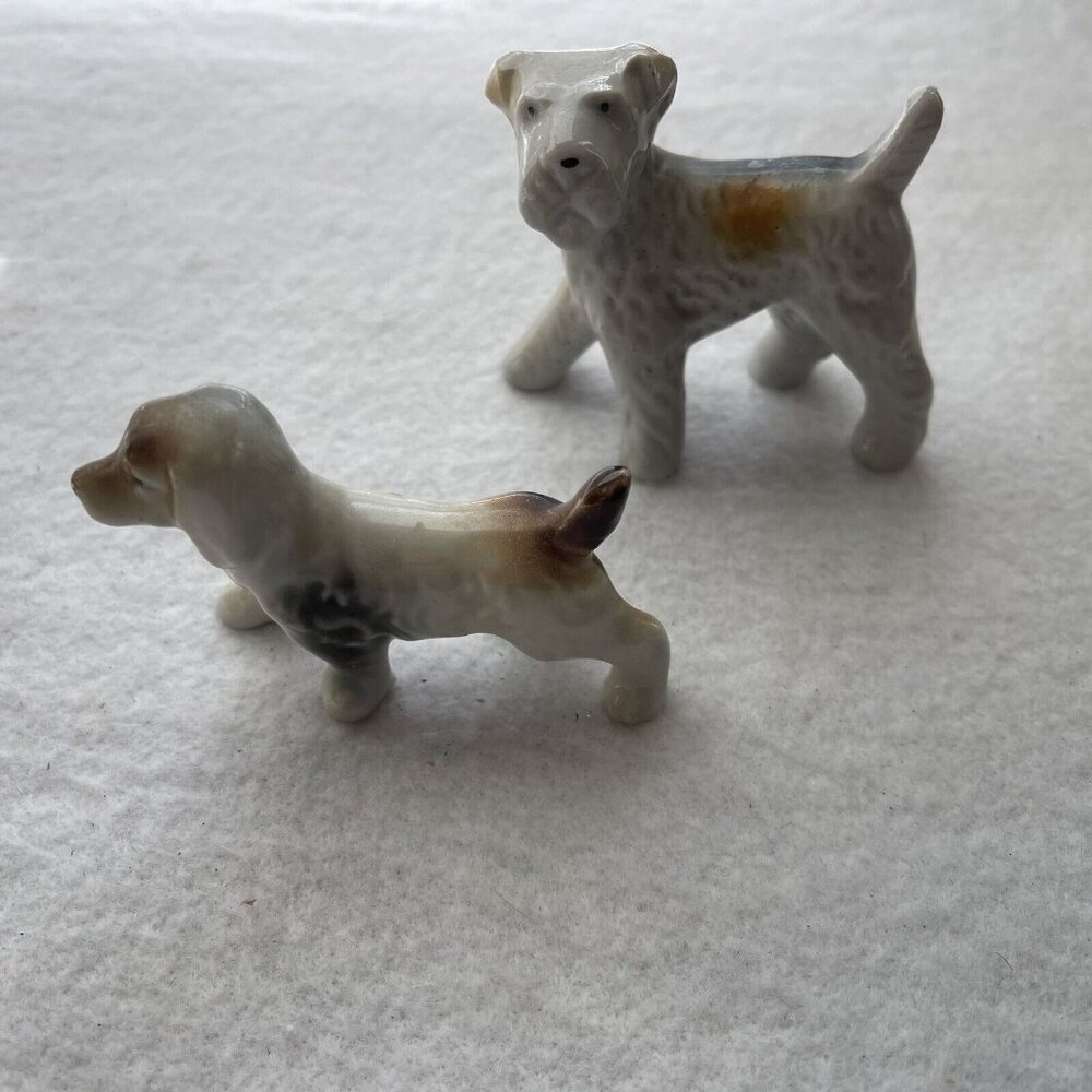Vintage Lot Of 2 Terrier Spaniel Dog Ceramic Porcelain Mini Figurine Japan